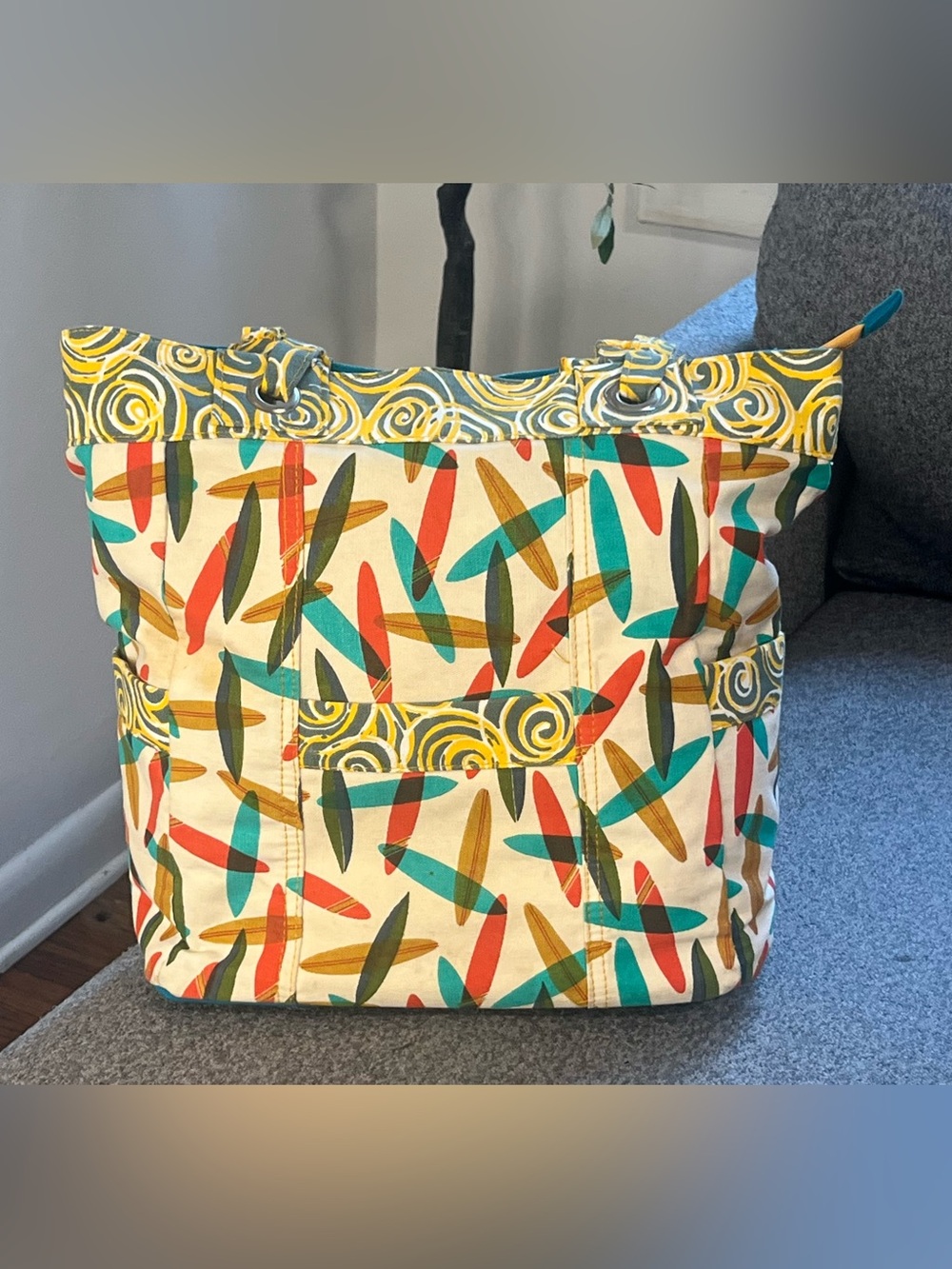 Canvas Heidi dobroll Tote Bag in Cream with Teal, Red & Mustard Accents